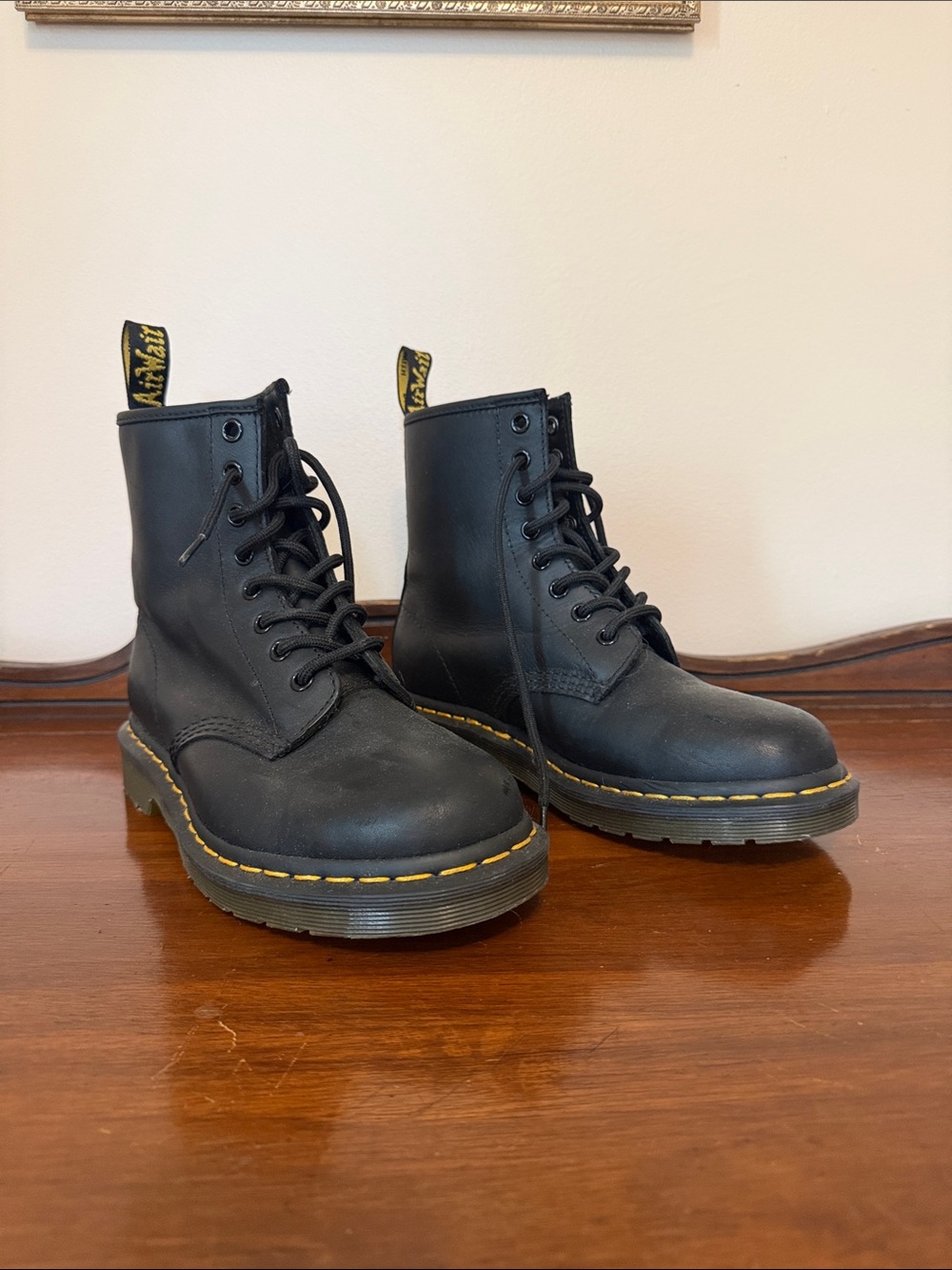 Dr. Martens Black Leather Lace-Up Boots with Yellow Stitching